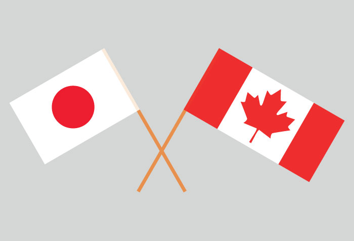 Illustration of the flags of Japan and Canada on a grey background