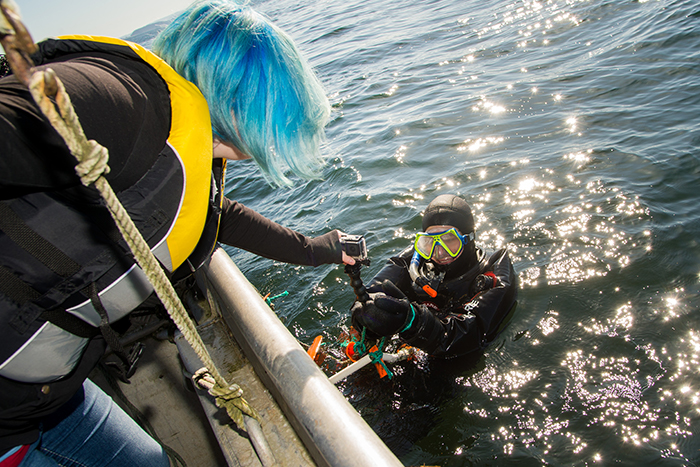 NIC student and diver preparing to conduct field work in the Comox estuary