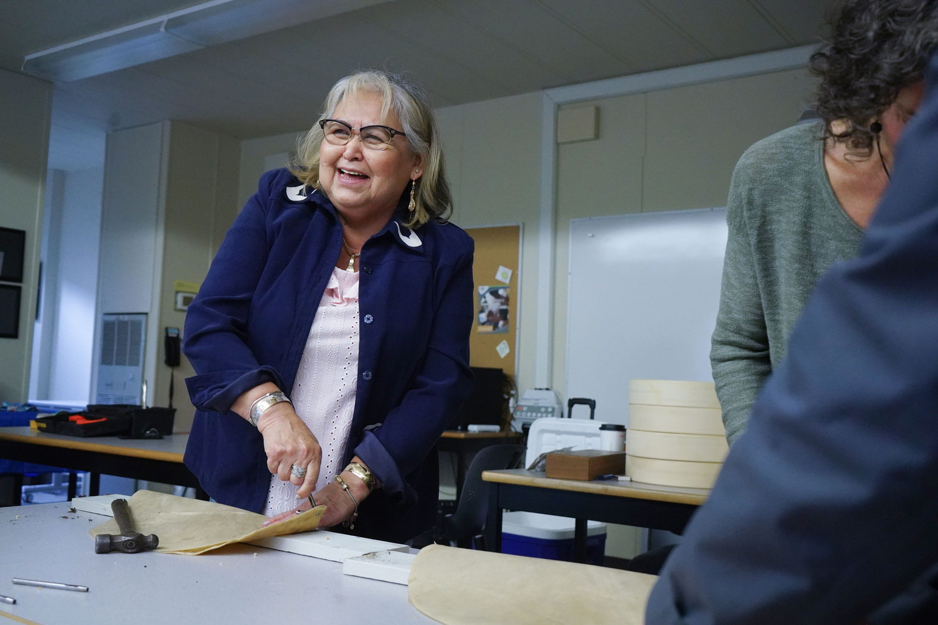 Fernanda Paré, Comox Valley campus Elder in Residence helps facilitate a drum making workshop