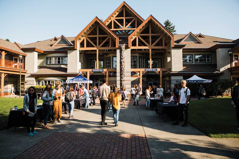 A group of students outside Comox Valley campus Discovery Hall