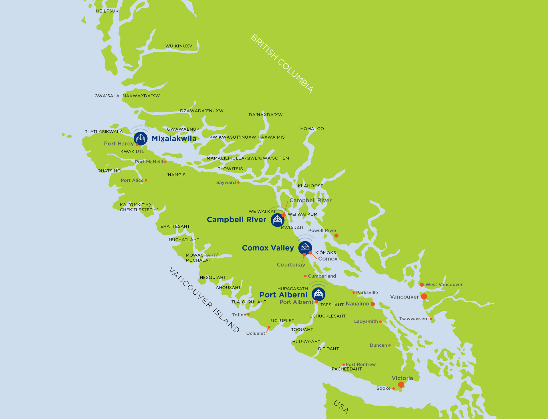 Map of Vancouver Island showing First Nations Territories and campus locations