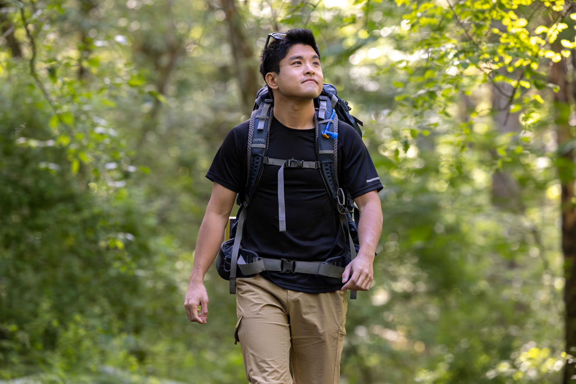 Student hiking on a nearby trail network.