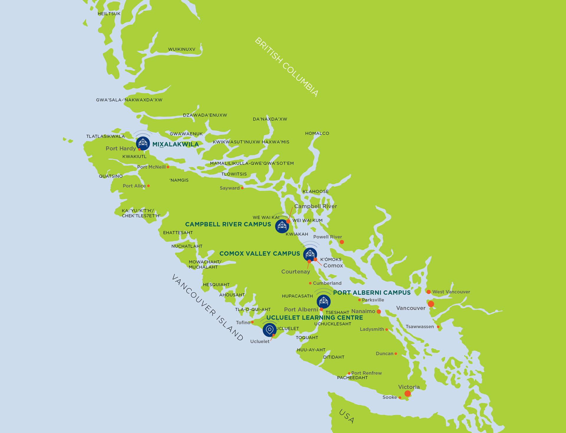 Map of Vancouver Island showing First Nations Territories and campus locations